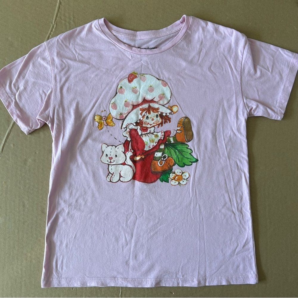 Strawberry Shortcake and Custard Cat Pink Graphic T shirt Junior Medium Girls 16